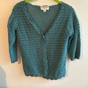 Norm Thompson Teal Linen Blend Openwork Crochet V-Neck Cardigan Women’s S/P